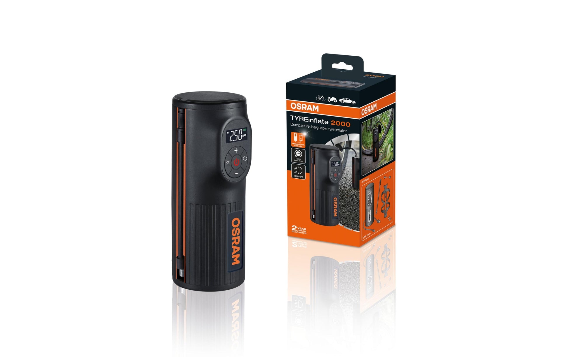 Osram TYREinflate 2000 – 8,3 bar – für Fahrrad-, Motorrad- und Autoreifen – Druckvoreinstellung