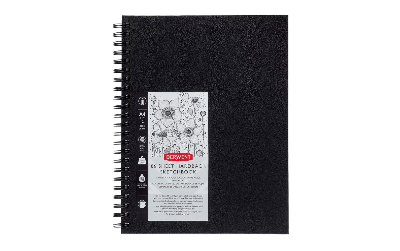 Derwent Skizzenblock – A4 – 110 g/m² – Spiral – 86 Blatt – Schwarz – perforiert