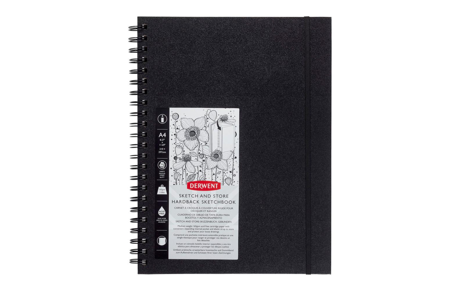 Derwent Skizzenblock – A4 – 165 g/m² – Hardcover – 56 Blatt – Schwarz – Perforiert