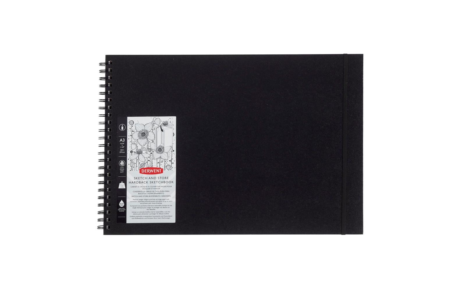 Derwent Skizzenblock – A3 – 165 g/m² – Hardcover – 56 Blatt – Schwarz – mit Perforation