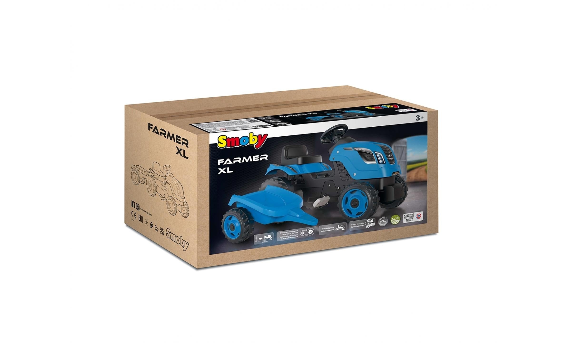 Smoby Traktor Farmer XL – 44 × 54,5 × 142 cm – mit Hupe, verstellbarem Sitz und Anhänger – ab 3 J. – blau