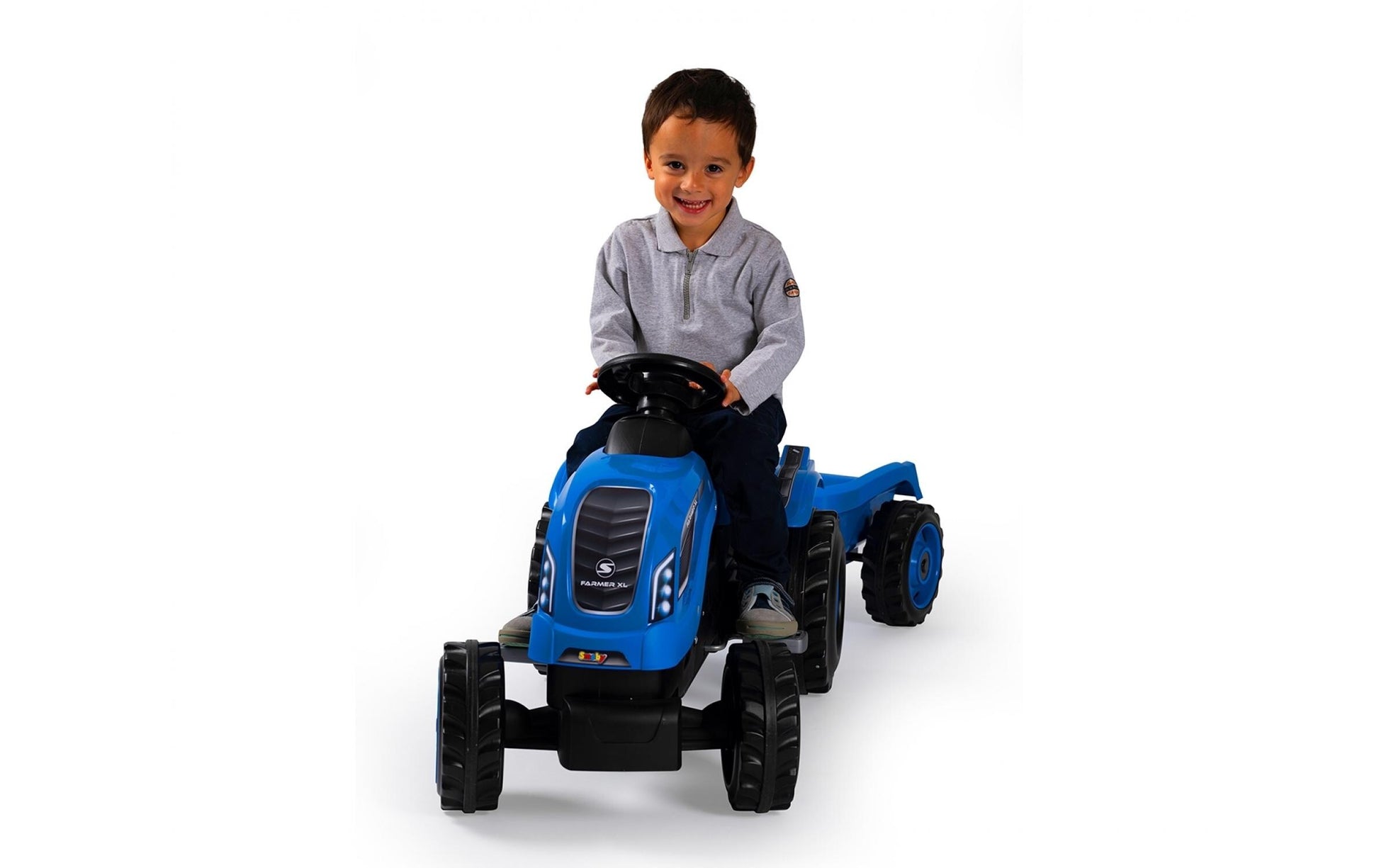 Smoby Traktor Farmer XL – 44 × 54,5 × 142 cm – mit Hupe, verstellbarem Sitz und Anhänger – ab 3 J. – blau