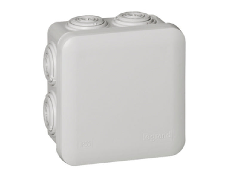 Legrand Aufputz-Box, 80×80×45 mm, IP55, 7 Einführungen (Würgnippel), Dichtbereich Ø 4–20 mm – Grau