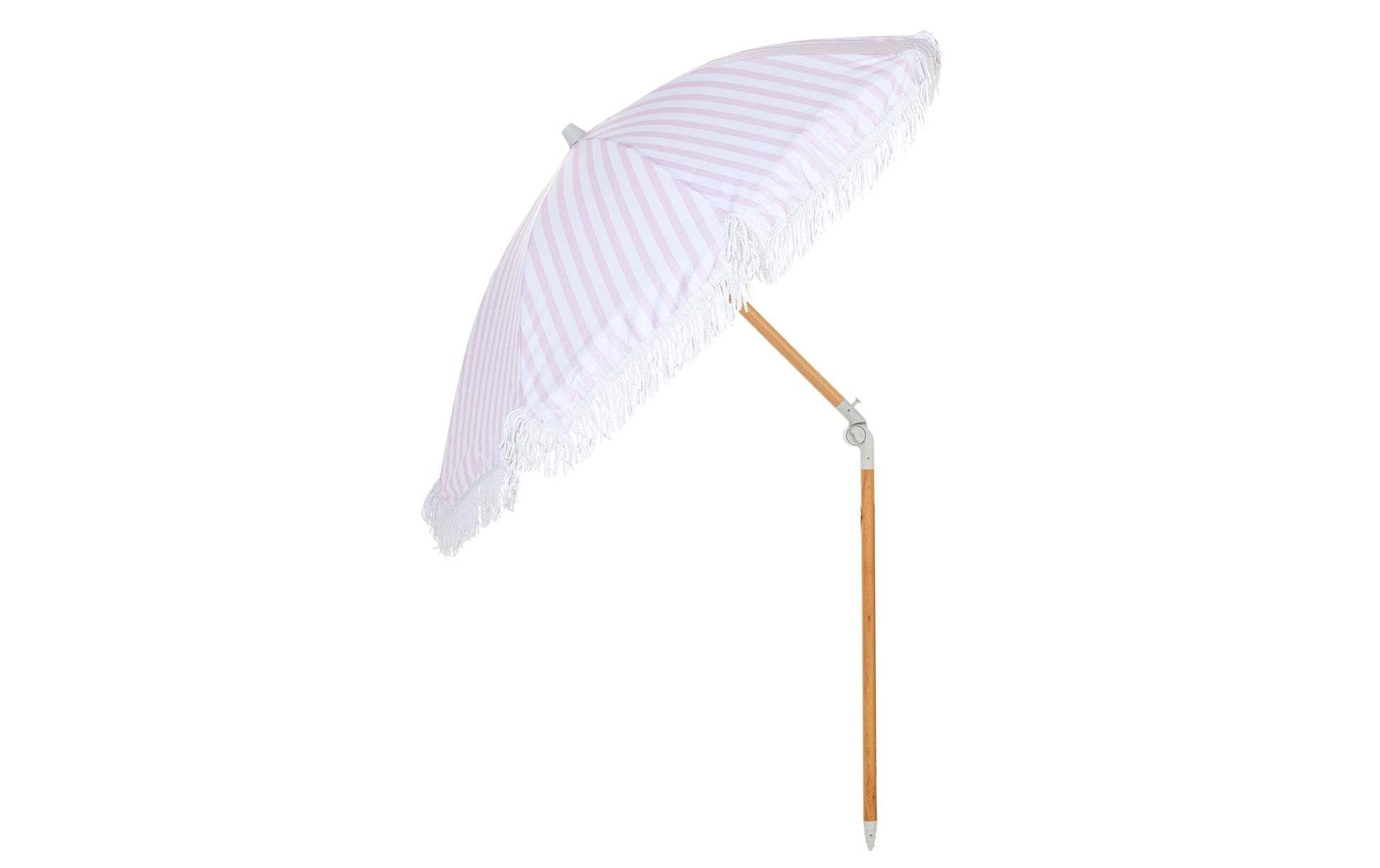 KOOR Strandschirm – rund, gestreift, Holzstange – Ø 150 cm, 180 cm hoch – rosa, weiss – Polyester