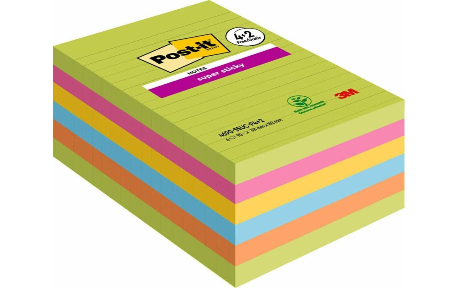 Post-it Super Sticky Haftnotizen – 101×152 mm – mehrfarbig, 6 Blöcke, liniert