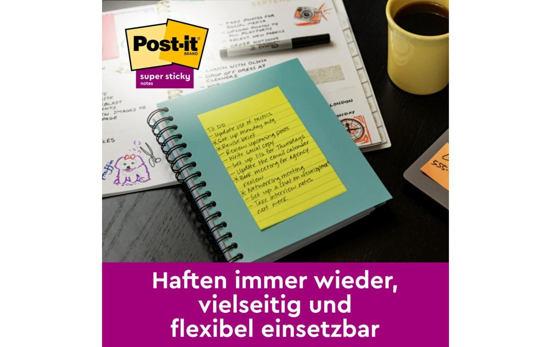 Post-it Super Sticky Haftnotizen – 101×152 mm – mehrfarbig, 6 Blöcke, liniert