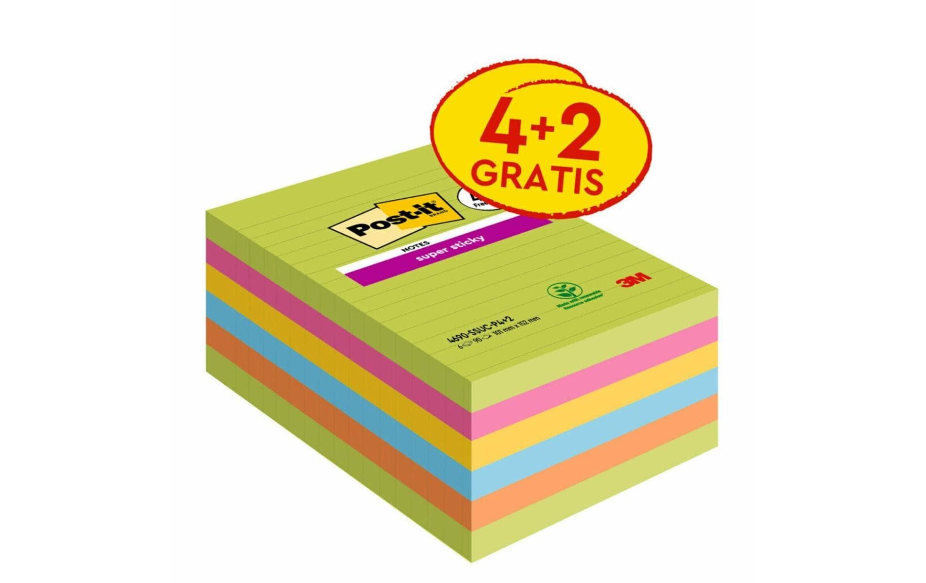 Post-it Super Sticky Haftnotizen – 101×152 mm – mehrfarbig, 6 Blöcke, liniert
