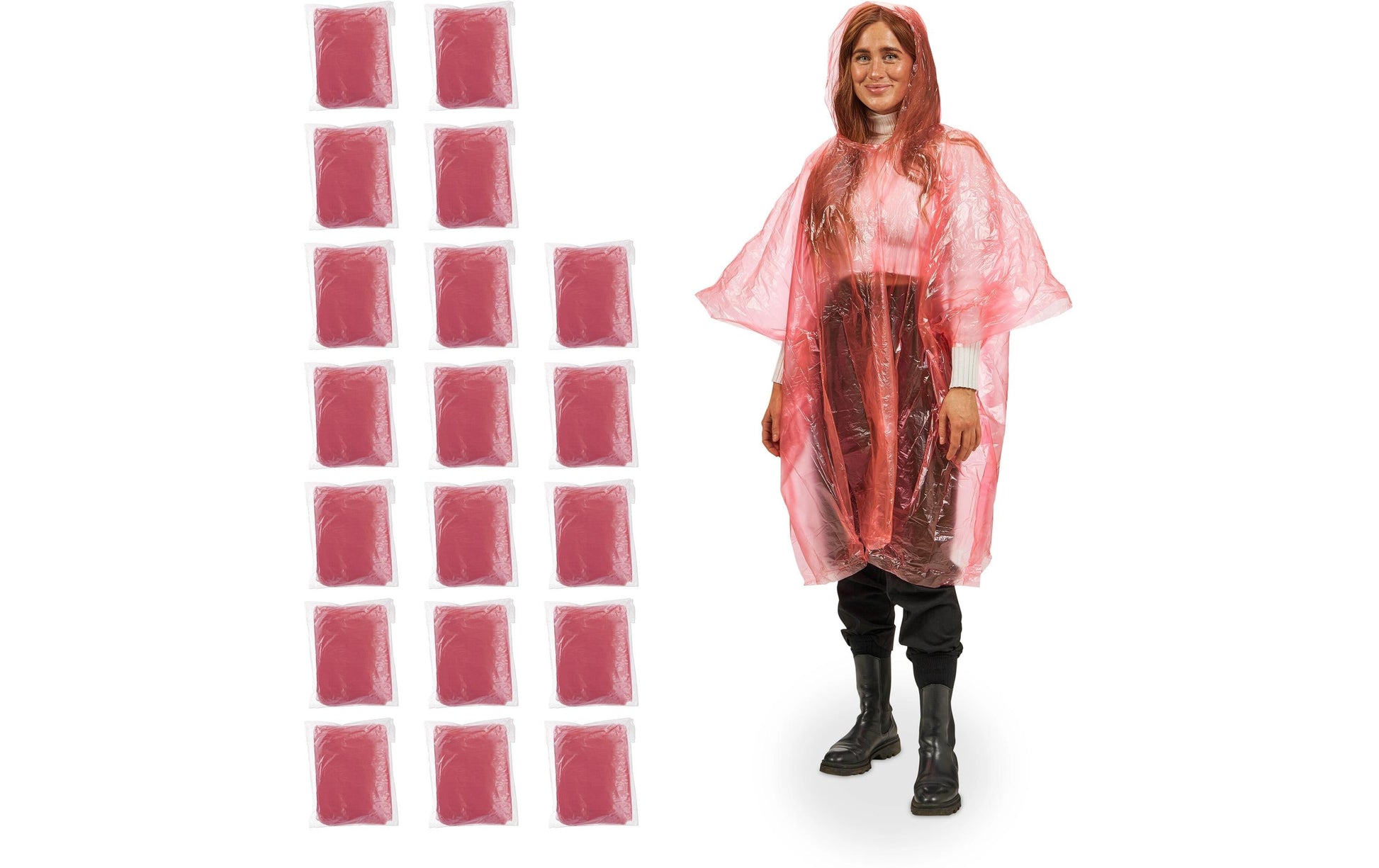 Relaxdays Regenponcho – Einheitsgrösse, 20 Stück – Rot, Polyethylen (PE), mit Kapuze