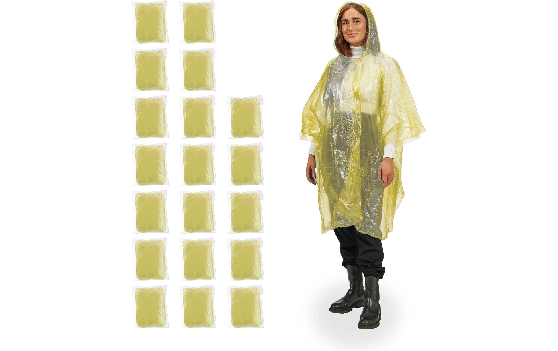 Relaxdays Regenponcho – Einheitsgrösse, mit Kapuze, ca. 125 × 122 cm – Gelb – Polyethylen (PE) – 20 Stk.