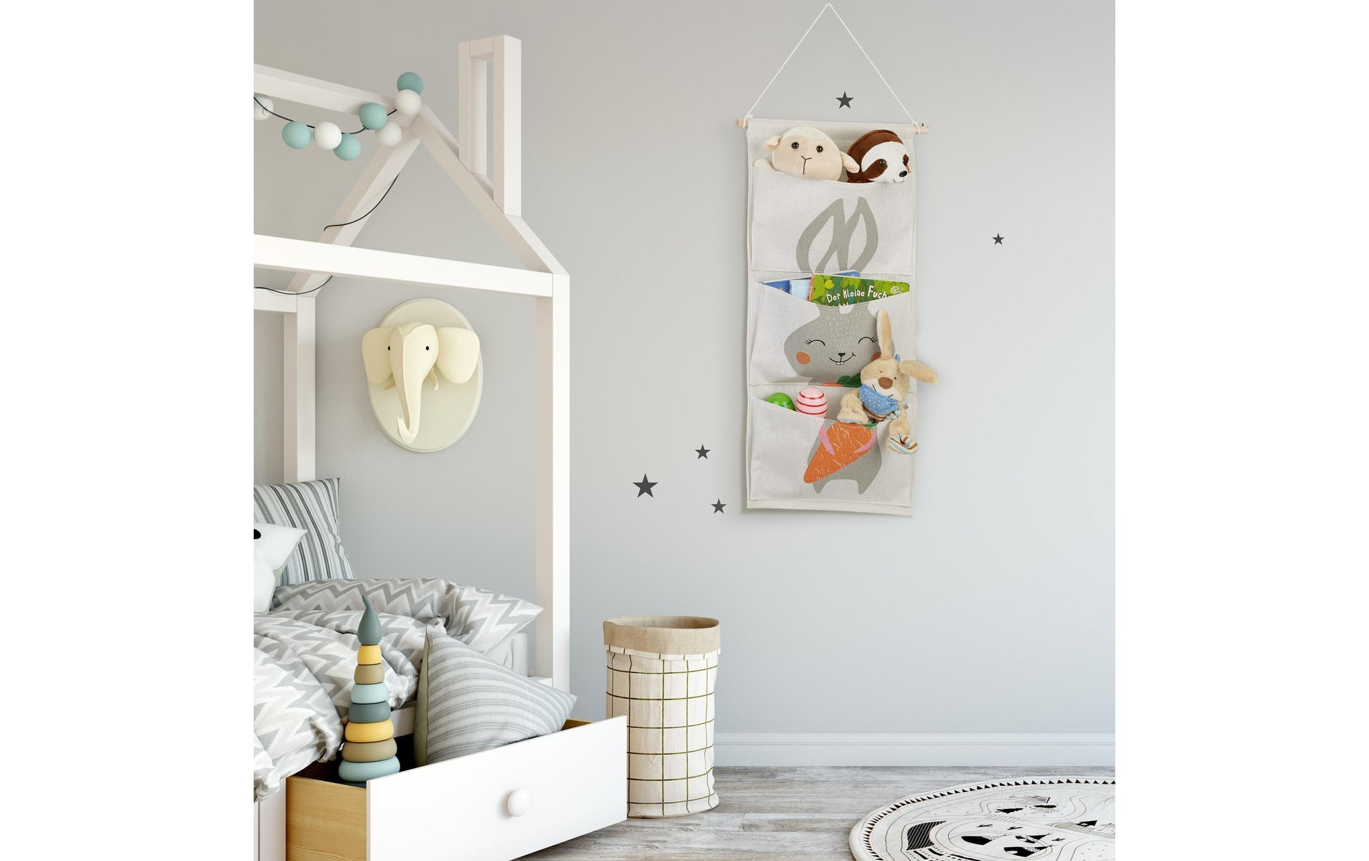 Relaxdays Aufbewahrungsbox Hängematte – Baumwolle/Holz – Grau – 3 Fächer – 335 × 820 × 20 mm