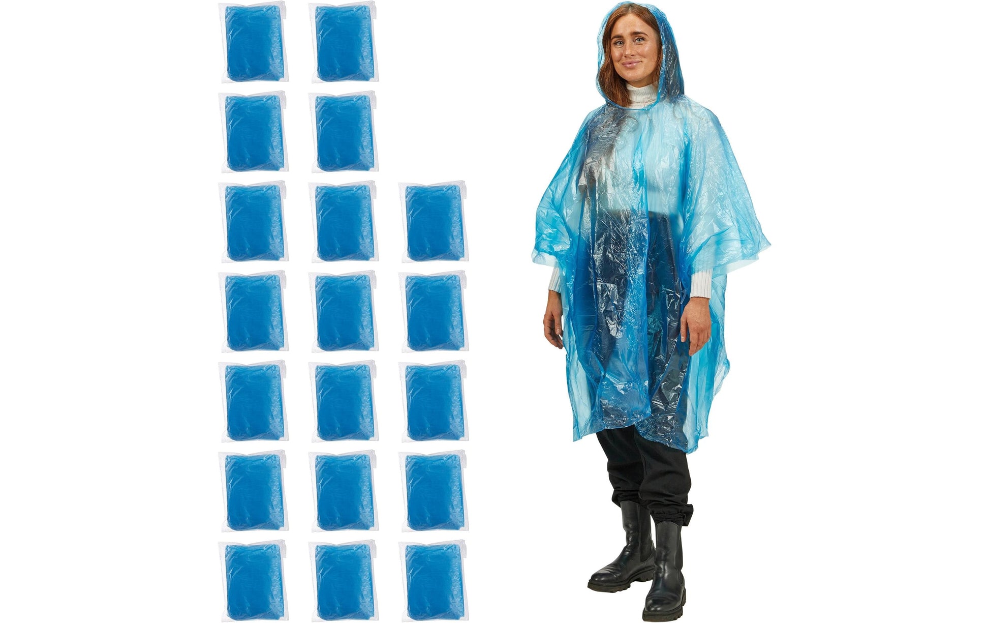 Relaxdays Regenponcho – Einheitsgrösse, 20 Stück – Blau, Polyethylen (PE), mit Kapuze, 125×122×98 cm