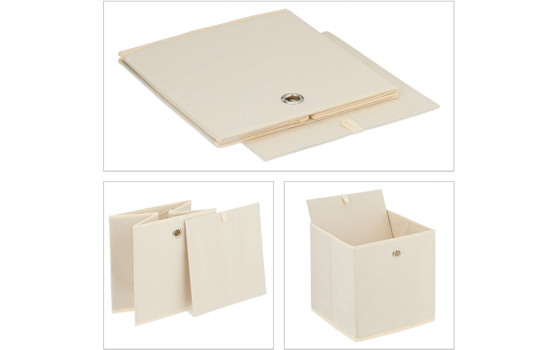 Relaxdays Aufbewahrungsbox Set 4-teilig – Karton/Vlies/Eisen – Beige/Silber – 300 × 300 × 300 mm
