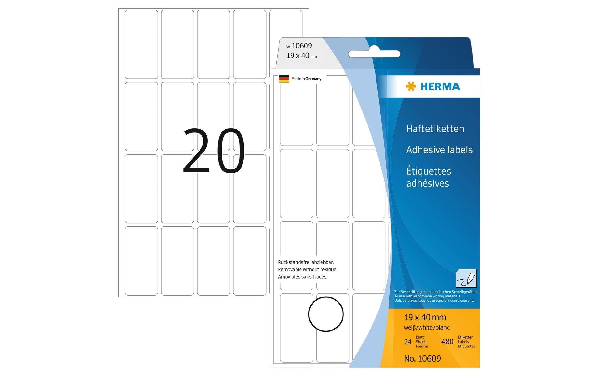 HERMA Schuletiketten – 19×40 mm, Abgerundete Ecken, 480 Stk, 24 Bogen, Papier, Ablösbar