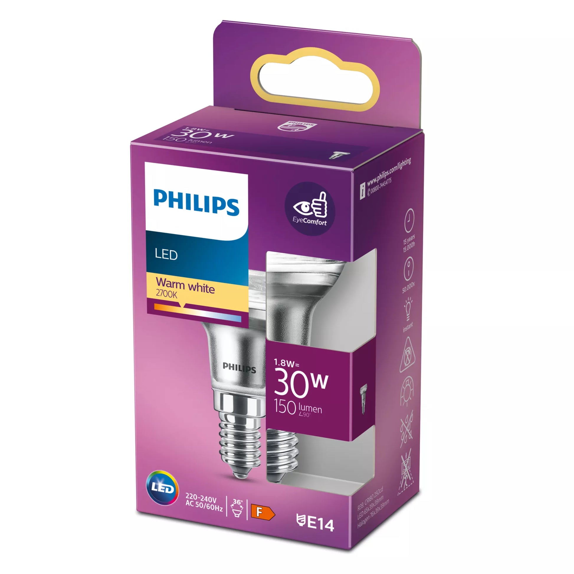 Philips by Signify Philips LED-Reflektor E14 R39 – 150 lm, 1,8 W, Warmweiss 2700 K, 36° – 1 Stk., klar, Glas