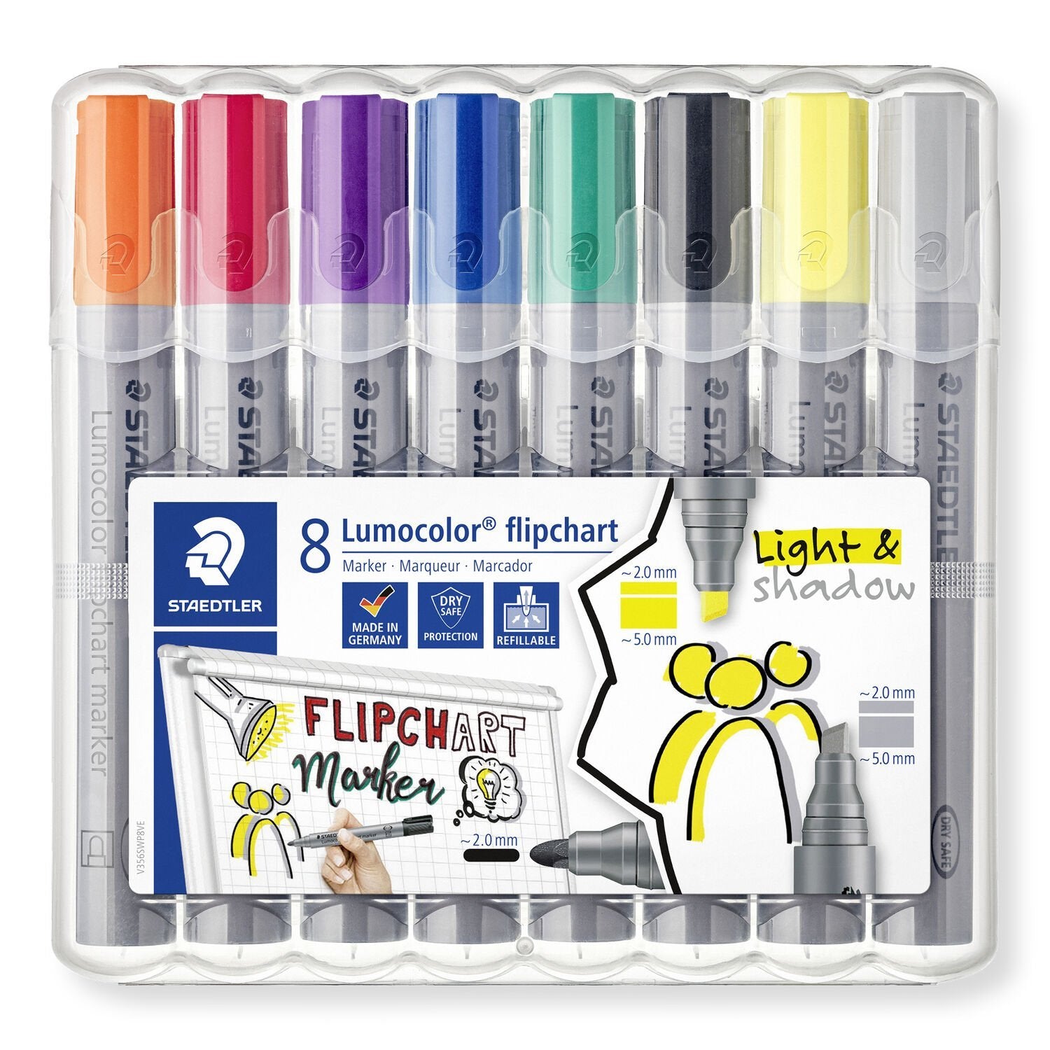 Staedtler Flipchart-Marker – Keil- & Rundspitze 2 mm, 8 Farben, 8er Set, Cap-Off – für Flipcharts/Papier