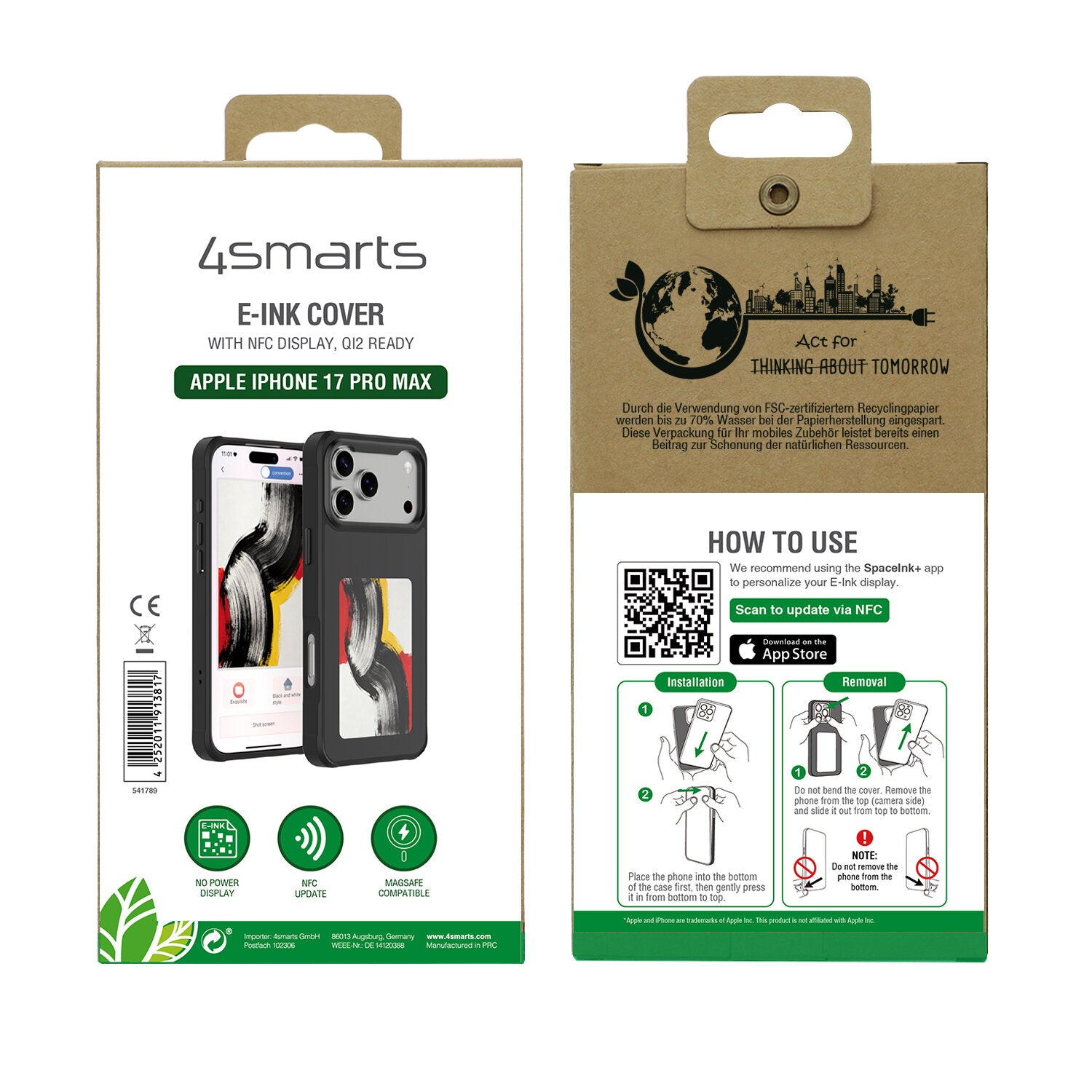 4smarts E-Ink Backcover – für Apple iPhone 17 Pro Max, MagSafe, PC, Schwarz