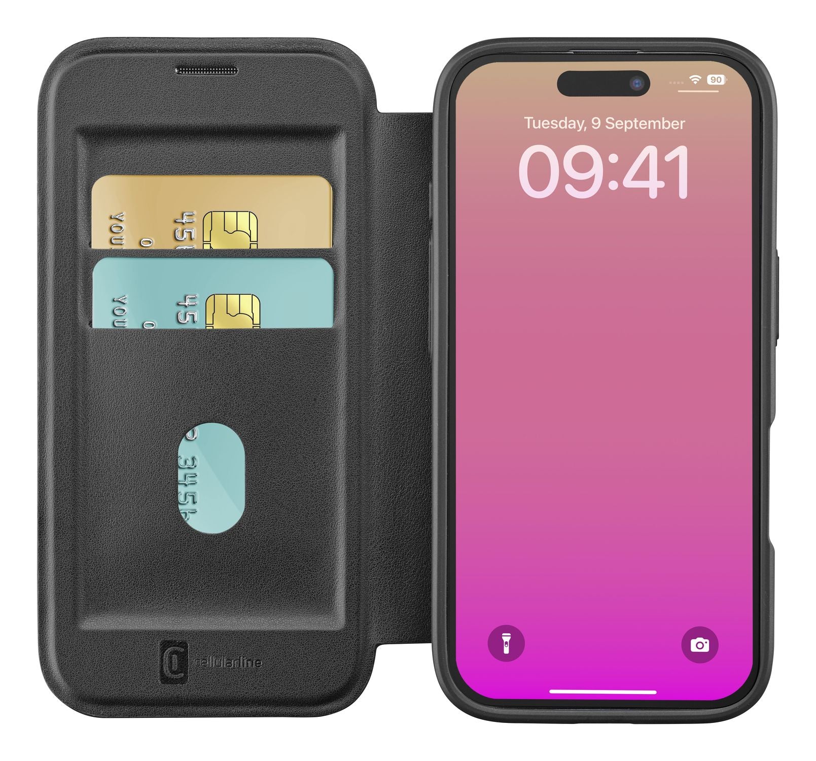 Cellularline Booklet-Hülle – für Apple iPhone 17 – schwarz – Kunstleder – MagSafe-kompatibel, mit Kartenfach
