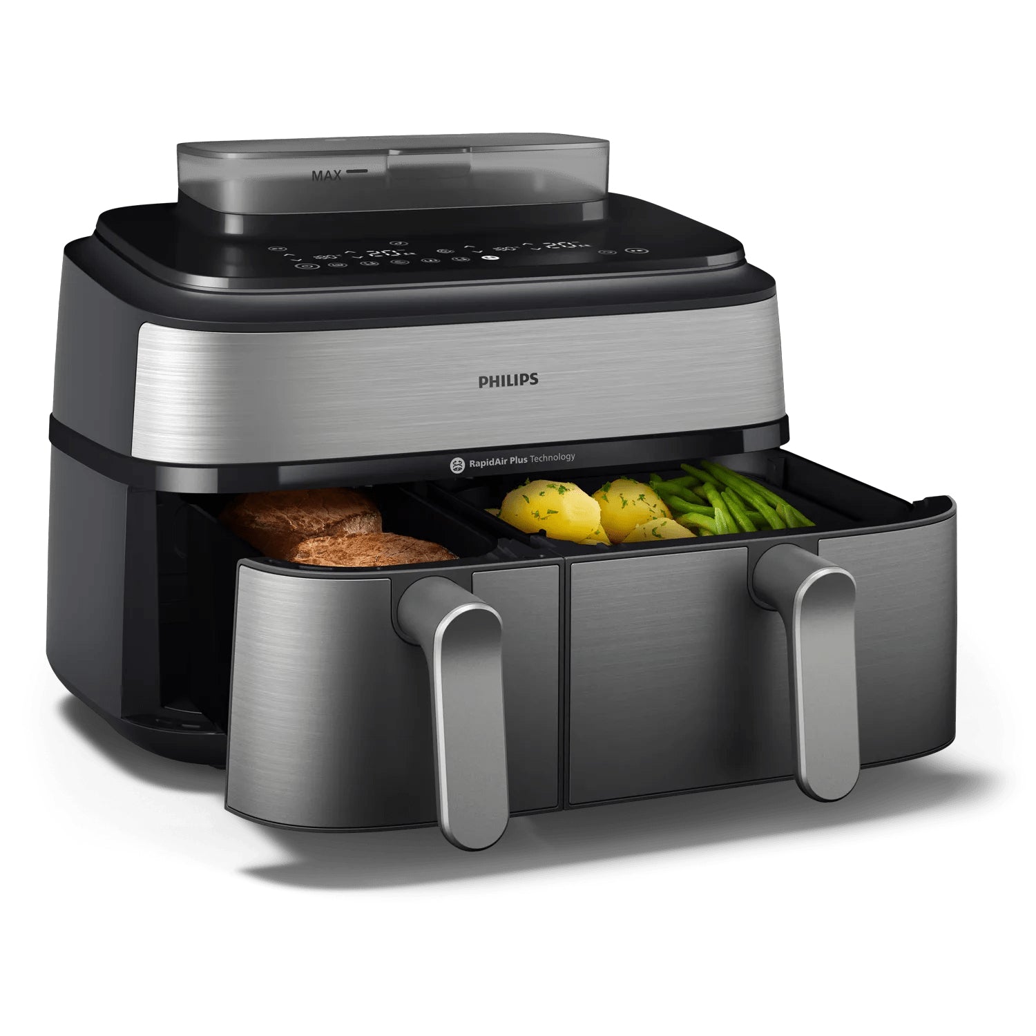 Philips Heissluftfritteuse NA555/00 – 9 l, Doppelkorb & Rapid Air, 2750 W – silber