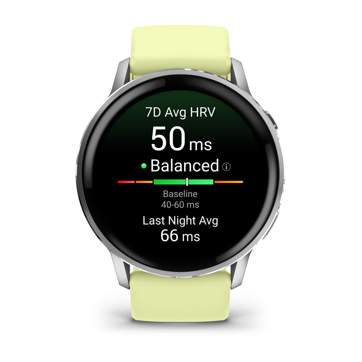 Garmin Venu 4 45 mm GPS – Edelstahl, Silber, Sportarmband Zitronengelb, 50 m, für Android, iOS