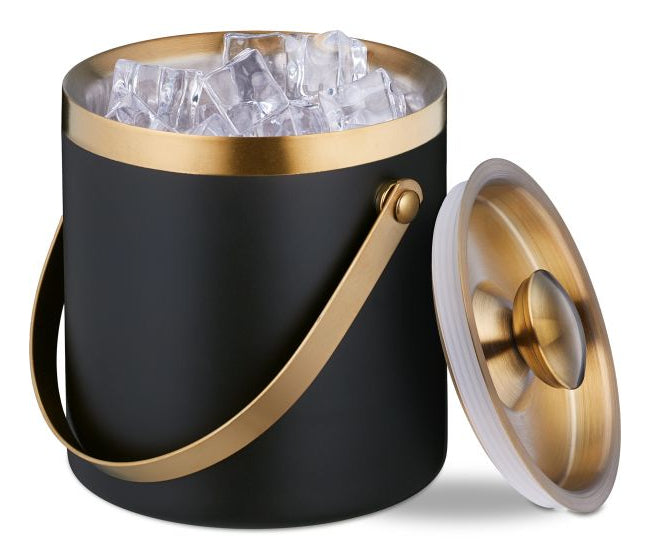 Relaxdays Eiswürfelbehälter – Ø 15 × 17 cm, 1,5 l, Edelstahl/Silikon, Schwarz/Gold, 100 Eiswürfel, mit Deckel