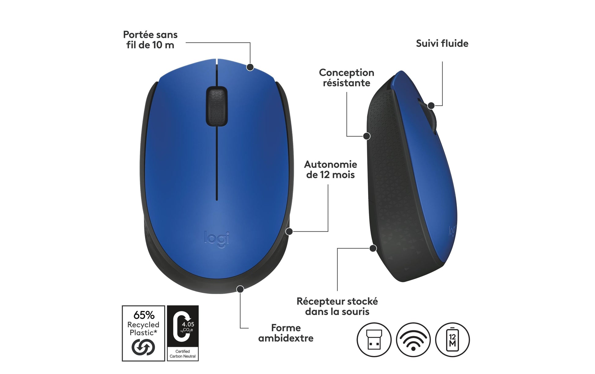 Logitech M171 – Maus – Kabellos (2,4 GHz), beidhändig, Blau