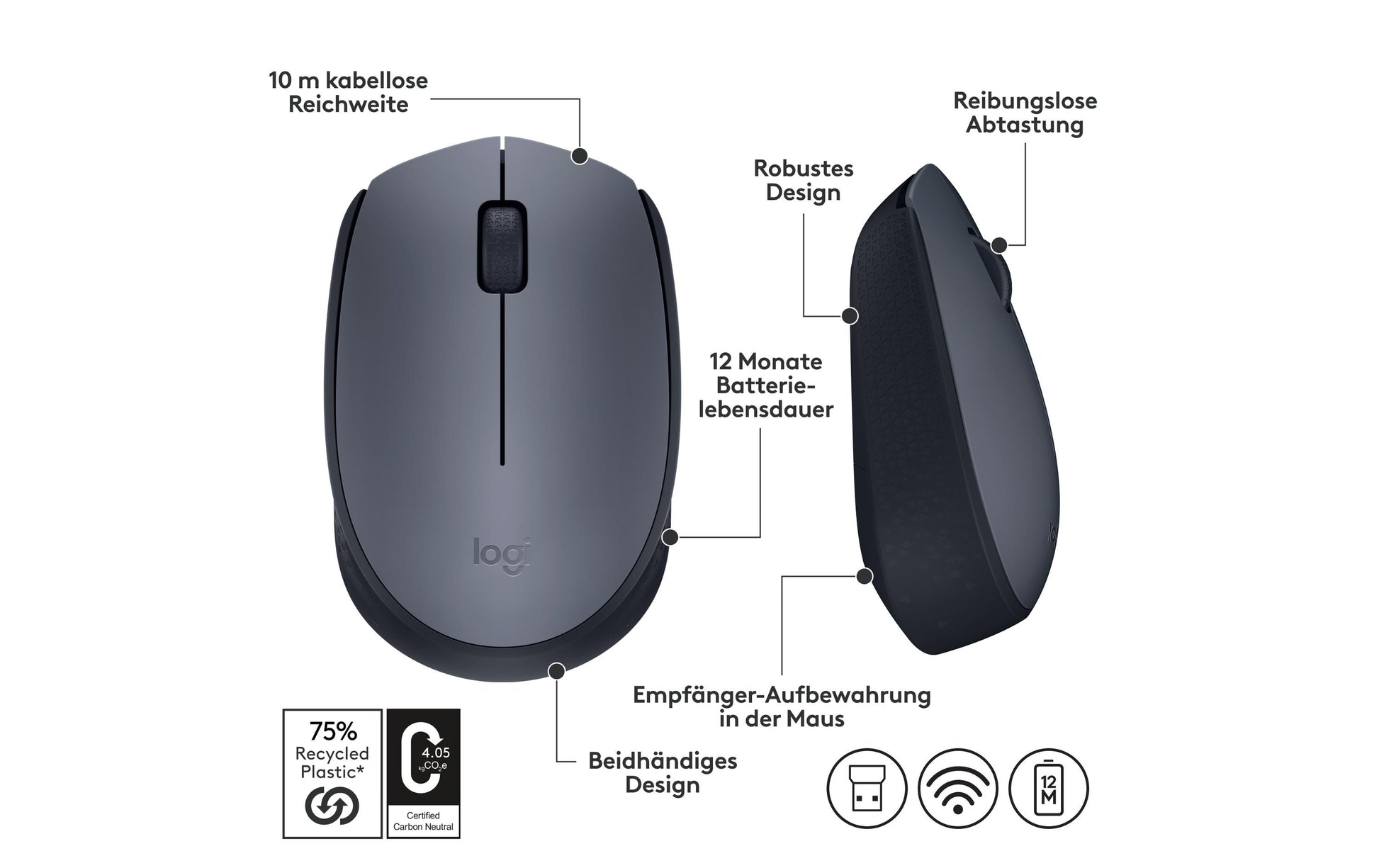 Logitech M170 – Maus – Kabellos (2,4 GHz), 1000 DPI, beidhändig, Grau