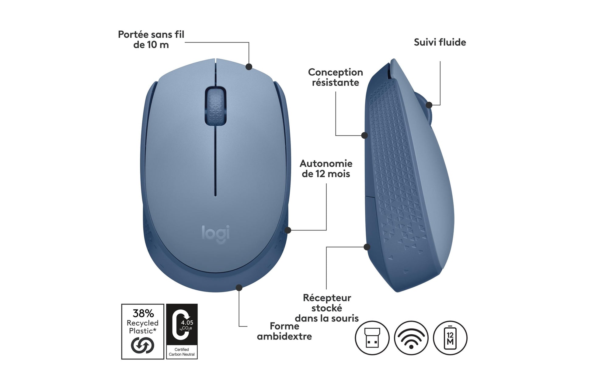 Logitech M171 – Maus – Kabellos (2,4 GHz), Beidhändig, Blau