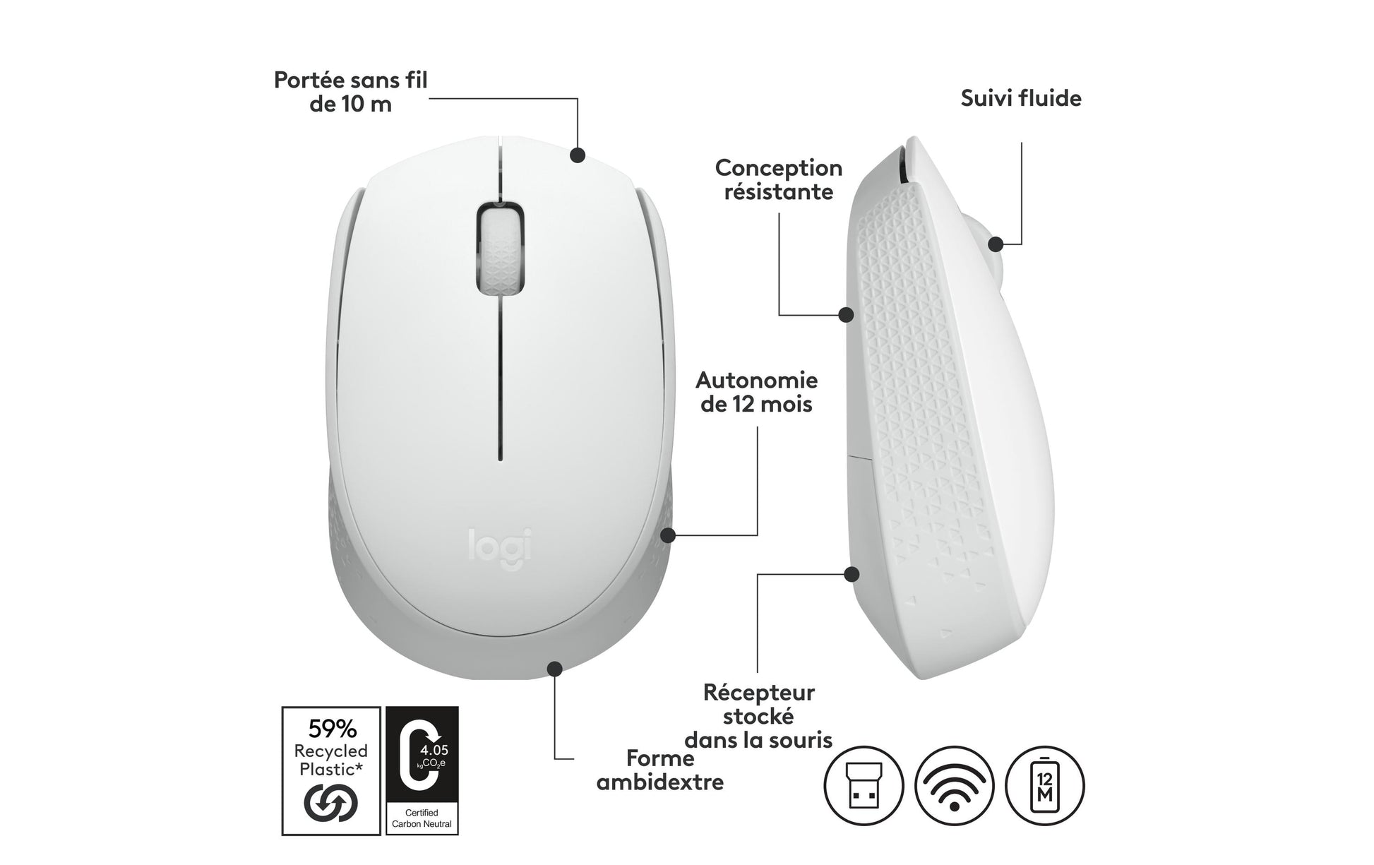 Logitech M171 – Maus – Kabellos (2,4 GHz), beidhändig, Weiss
