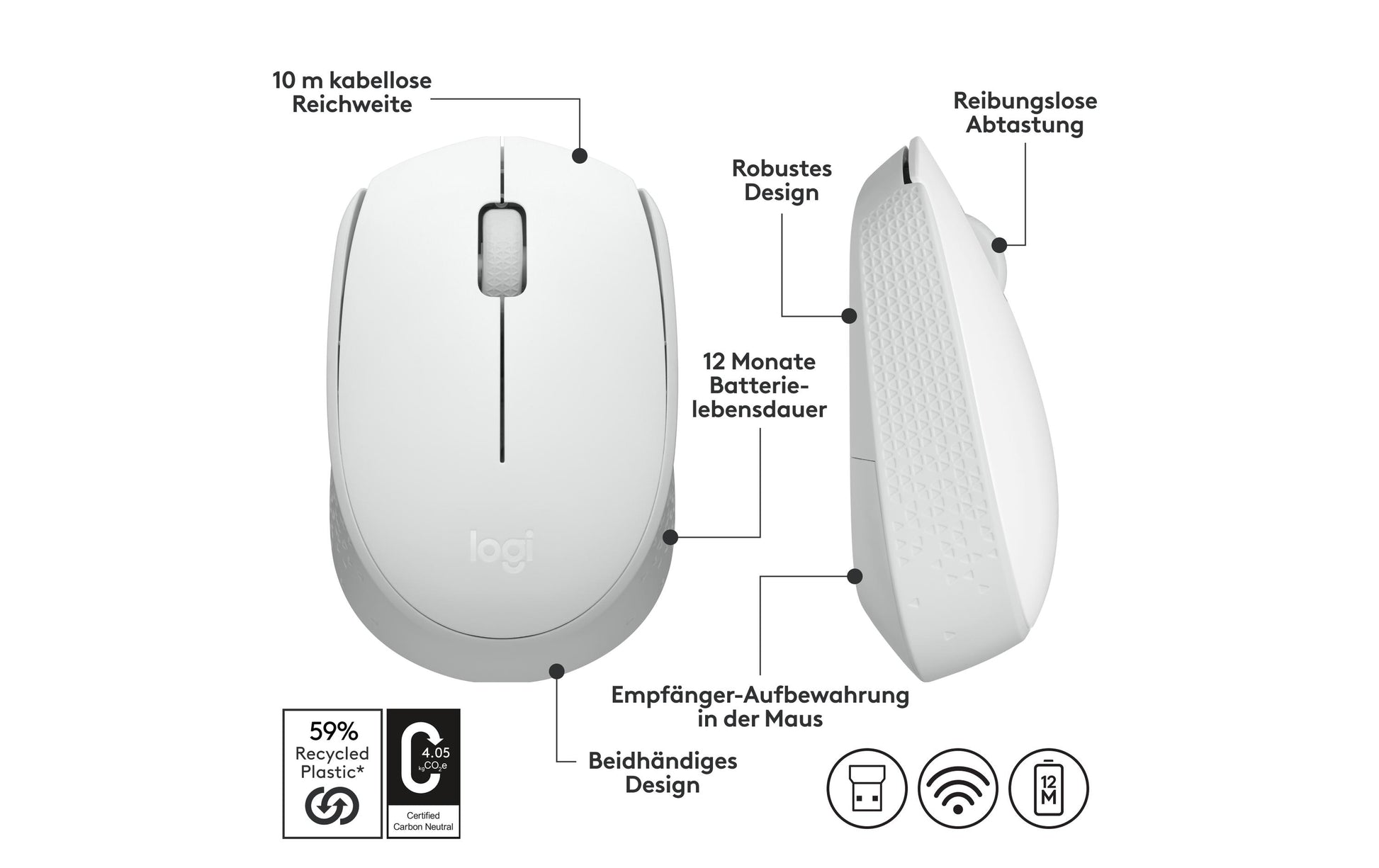 Logitech M171 – Maus – Kabellos (2,4 GHz), beidhändig, Weiss