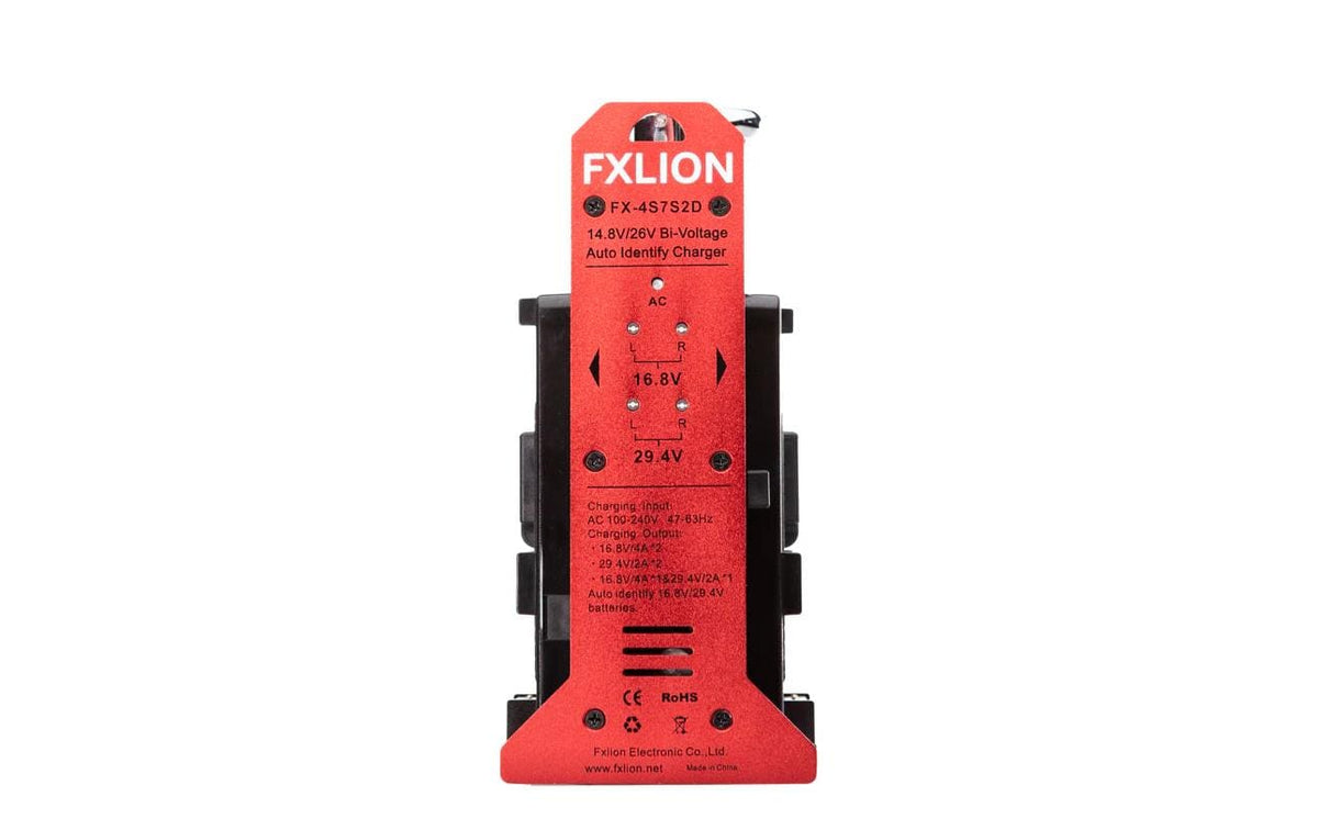 Fxlion Ladegerät – 2-Kanal, 16,8 V / 29,4 V, 2 A, Eingang 100–240 V – für V-Mount-Akkus