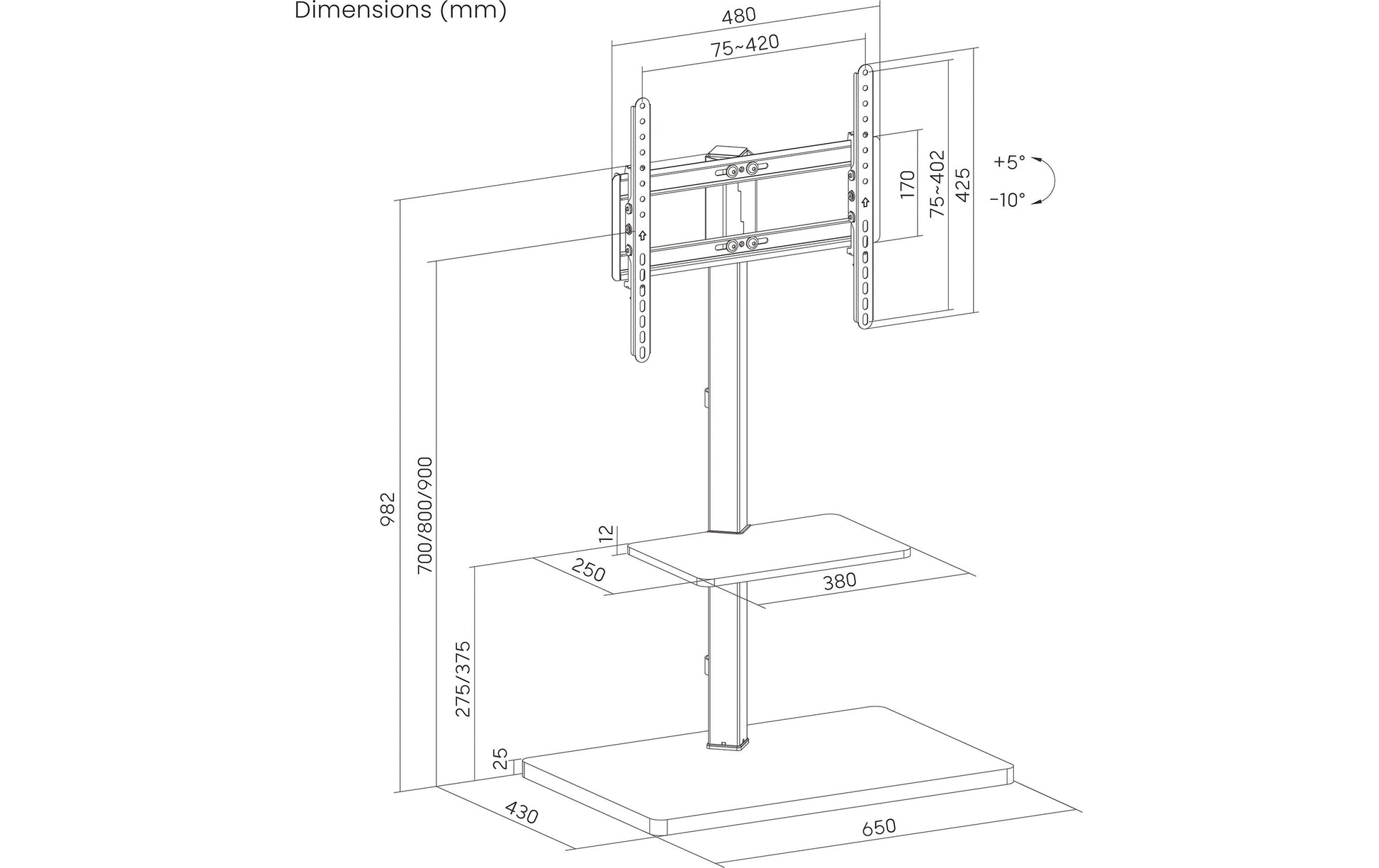 PureMounts PM-TVS-21 – Displayständer, neigbar, höhenverstellbar, bis 65", VESA 400×200, bis 35 kg, weiss