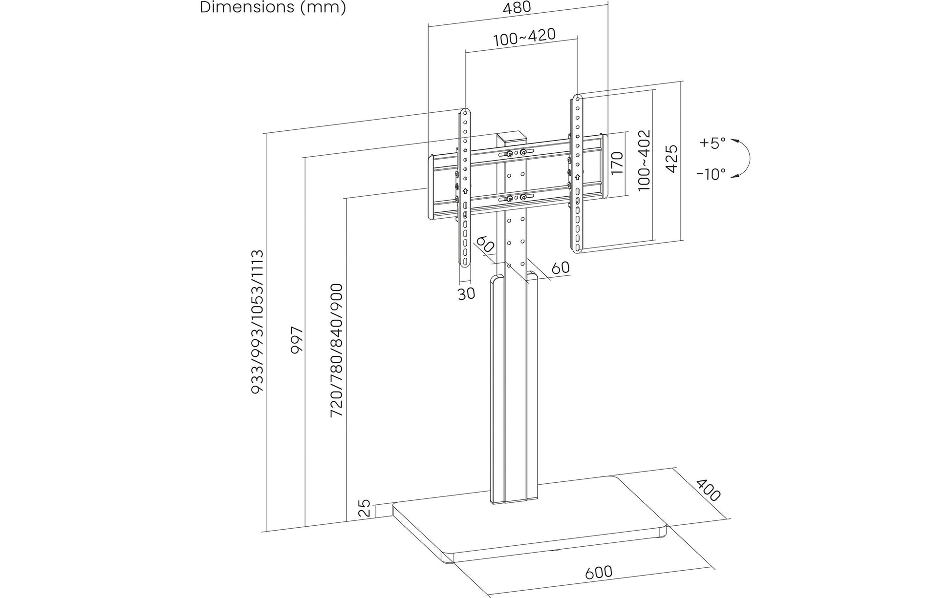 Puremounts PM-TVS-10 – Displayständer, bis 65", VESA 400×400, bis 40 kg, höhenverstellbar, schwarz