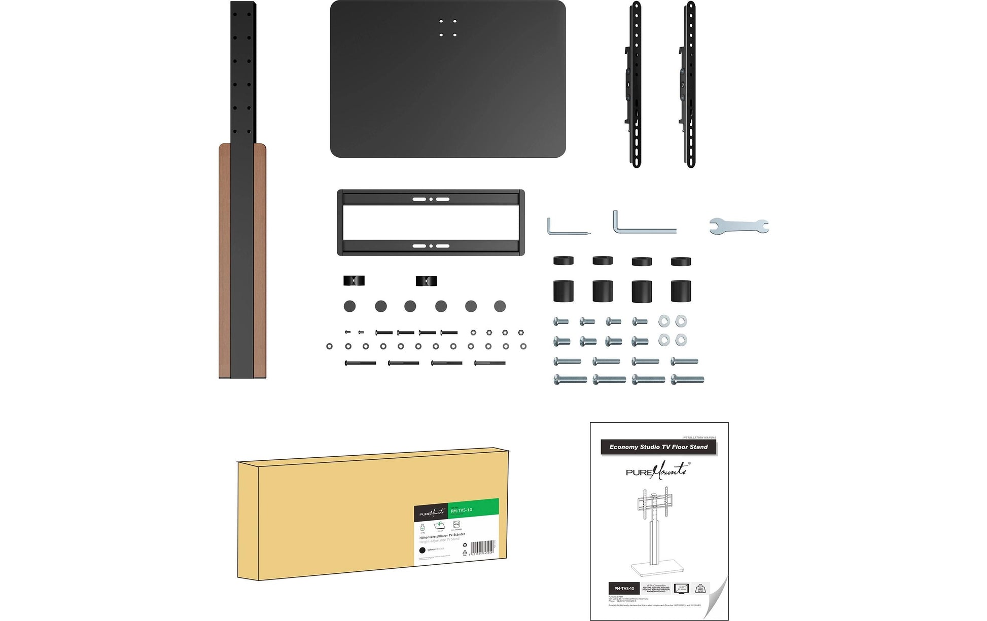 Puremounts PM-TVS-10 – Displayständer, bis 65", VESA 400×400, bis 40 kg, höhenverstellbar, schwarz