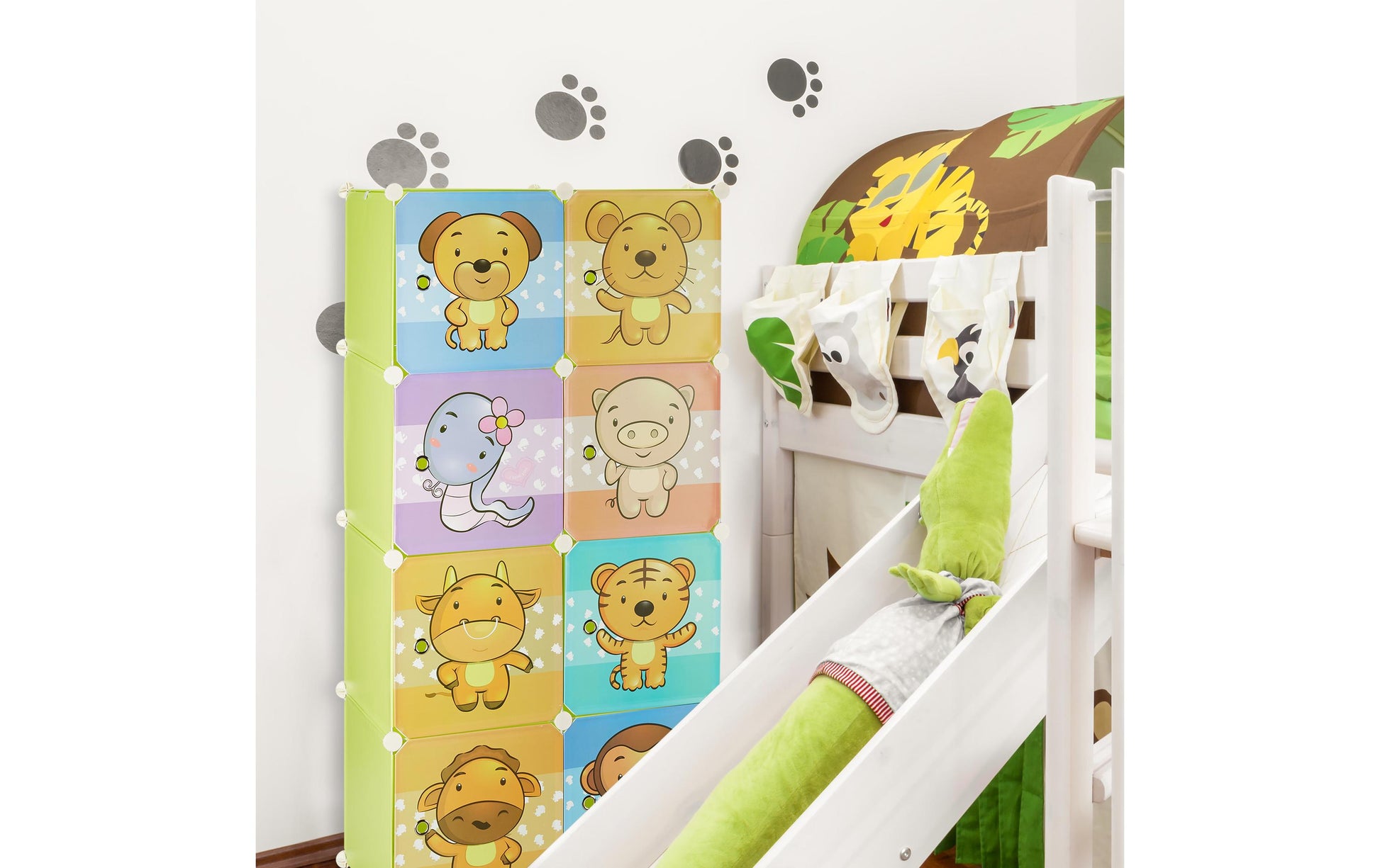 Relaxdays Kinderregal Stecksystem – 7 Böden – 74 × 36,5 × 145 cm – Mehrfarbig – Metall/Kunststoff – 1 Stk.