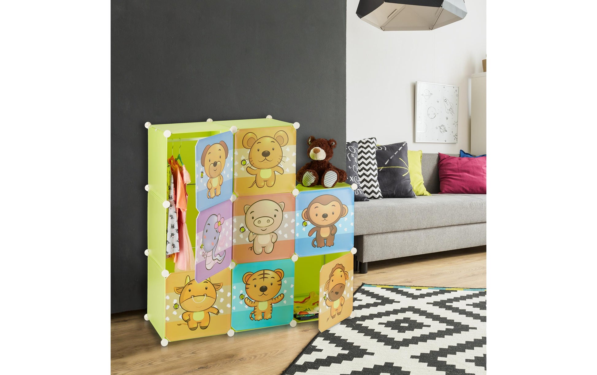 Relaxdays Kinderregal Stecksystem – 7 Böden – 74 × 36,5 × 145 cm – Mehrfarbig – Metall/Kunststoff – 1 Stk.
