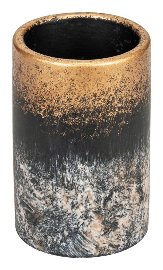 WENKO Zahnbürstenhalter (freistehend) – Beton, 6,9×6,9×9,6 cm, Grau/Schwarz/Gold