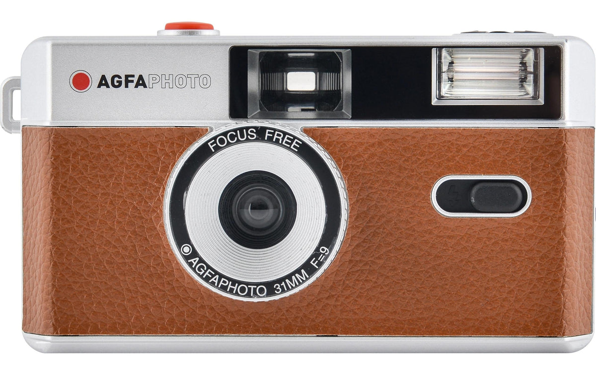 AgfaPhoto 603002 – Kompakt-Filmkamera, 35 mm, 32 mm, f/9, Integrierter Blitz, Braun