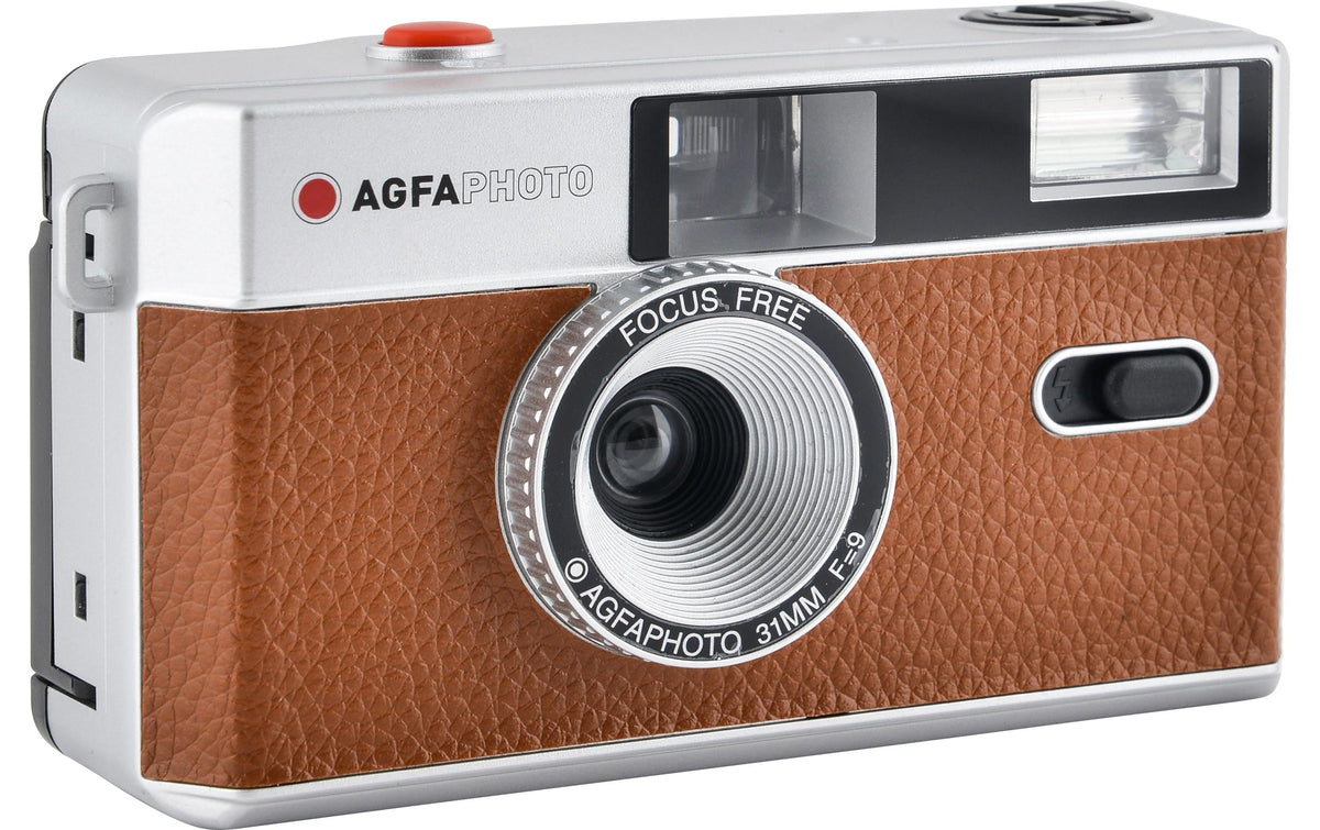 AgfaPhoto 603002 – Kompakt-Filmkamera, 35 mm, 32 mm, f/9, Integrierter Blitz, Braun