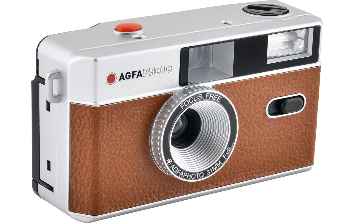 AgfaPhoto 603002 – Kompakt-Filmkamera, 35 mm, 32 mm, f/9, Integrierter Blitz, Braun