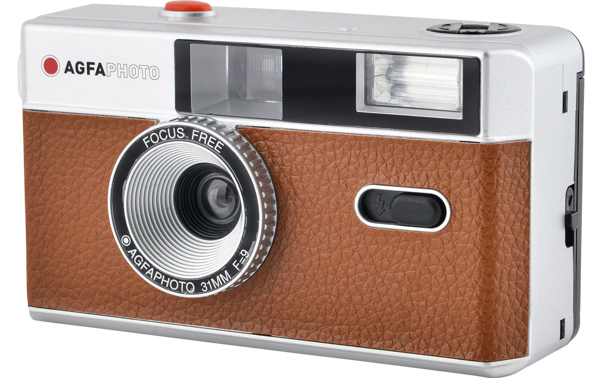 AgfaPhoto 603002 – Kompakt-Filmkamera, 35 mm, 32 mm, f/9, Integrierter Blitz, Braun