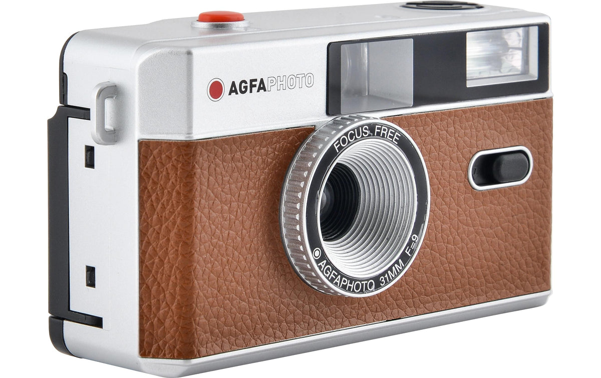 AgfaPhoto 603002 – Kompakt-Filmkamera, 35 mm, 32 mm, f/9, Integrierter Blitz, Braun