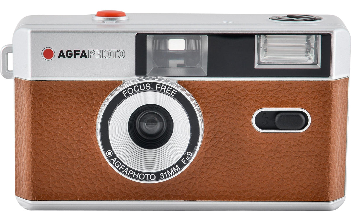 AgfaPhoto 603002 – Kompakt-Filmkamera, 35 mm, 32 mm, f/9, Integrierter Blitz, Braun