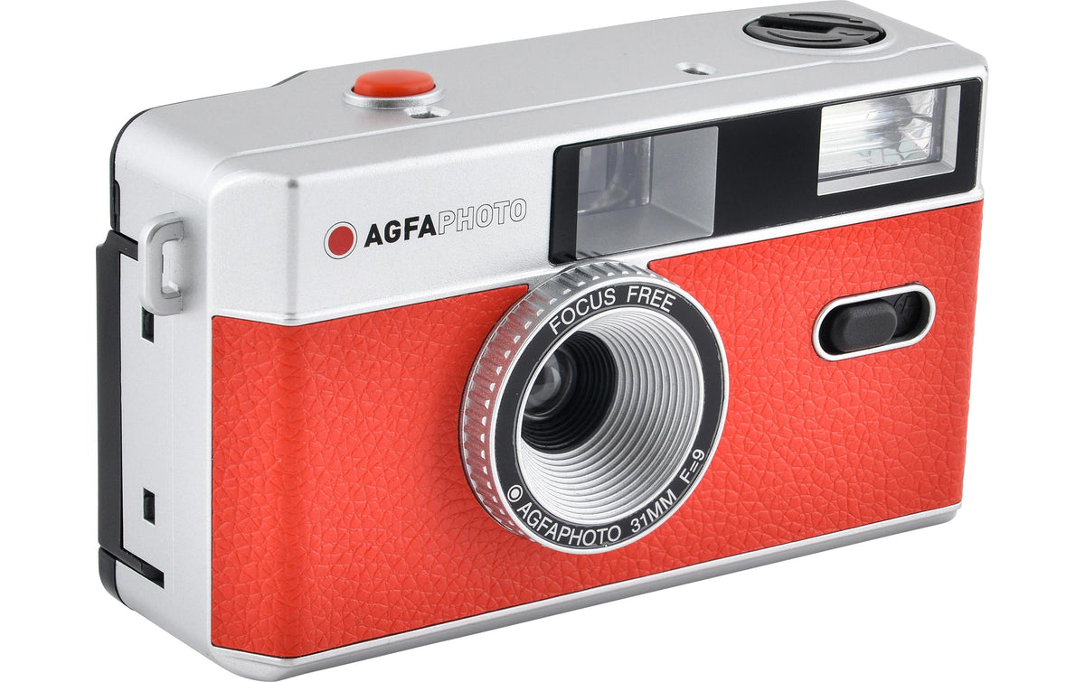AgfaPhoto 603001 – Kompakt-Filmkamera, 35 mm, 32 mm, f/9, eingebauter Blitz, Rot