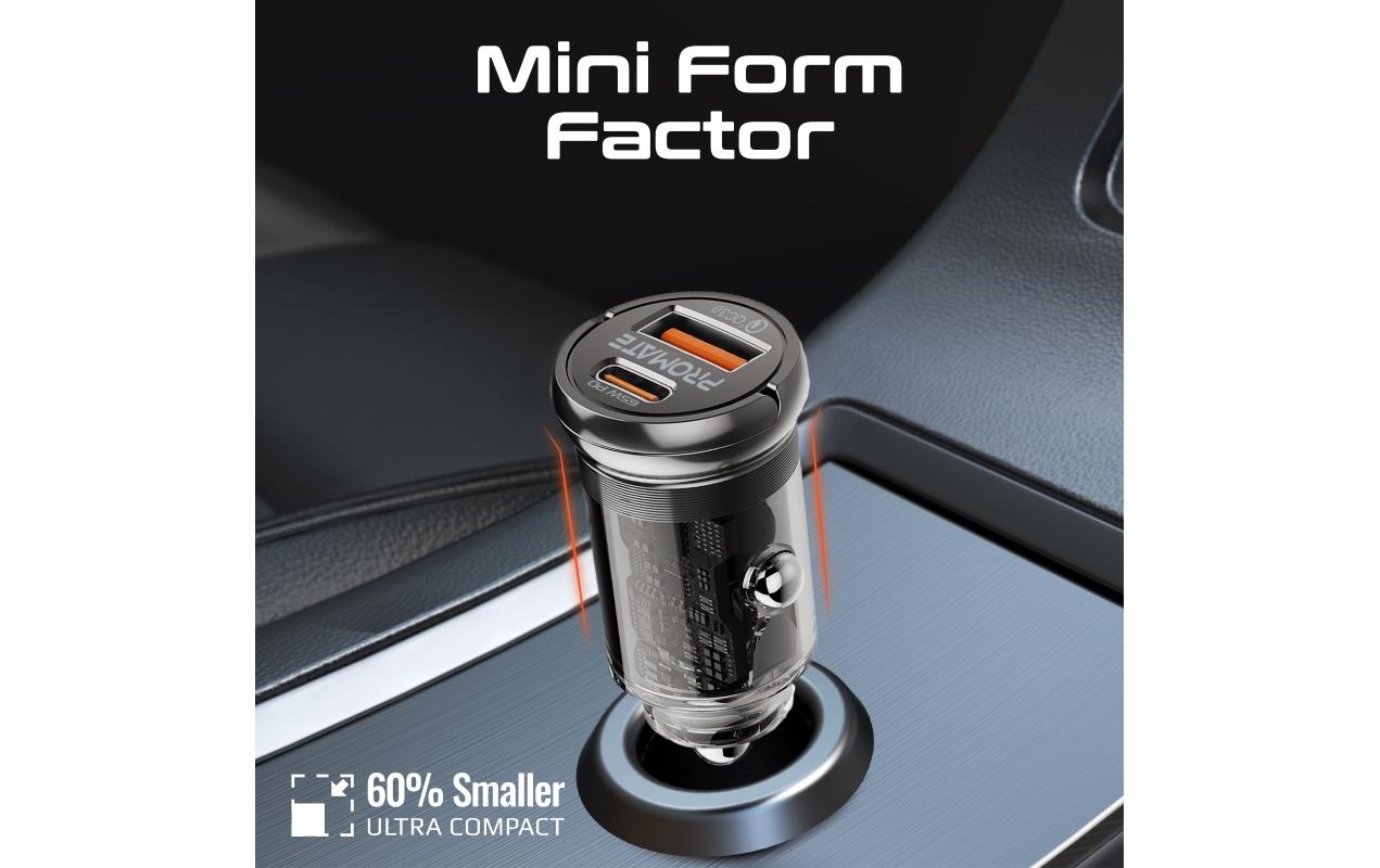 Promate Kfz-Ladegerät, 65 W, USB-C, USB-A, PD 3.0 – universal – Transparent