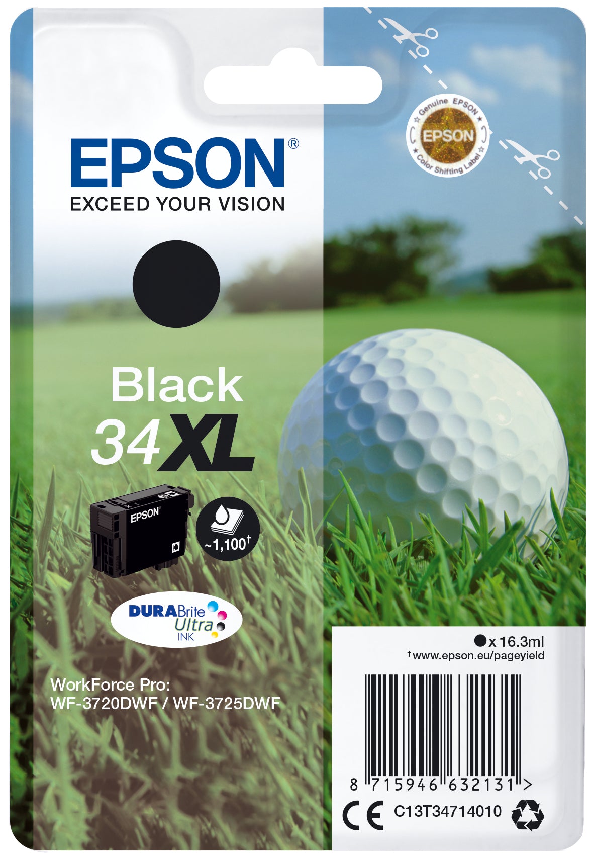 Epson Tintenpatrone 34XL (C13T34714020), Schwarz, XL, 1’100 Seiten – für WorkForce Pro WF-3725DWF, WF-3720DWF