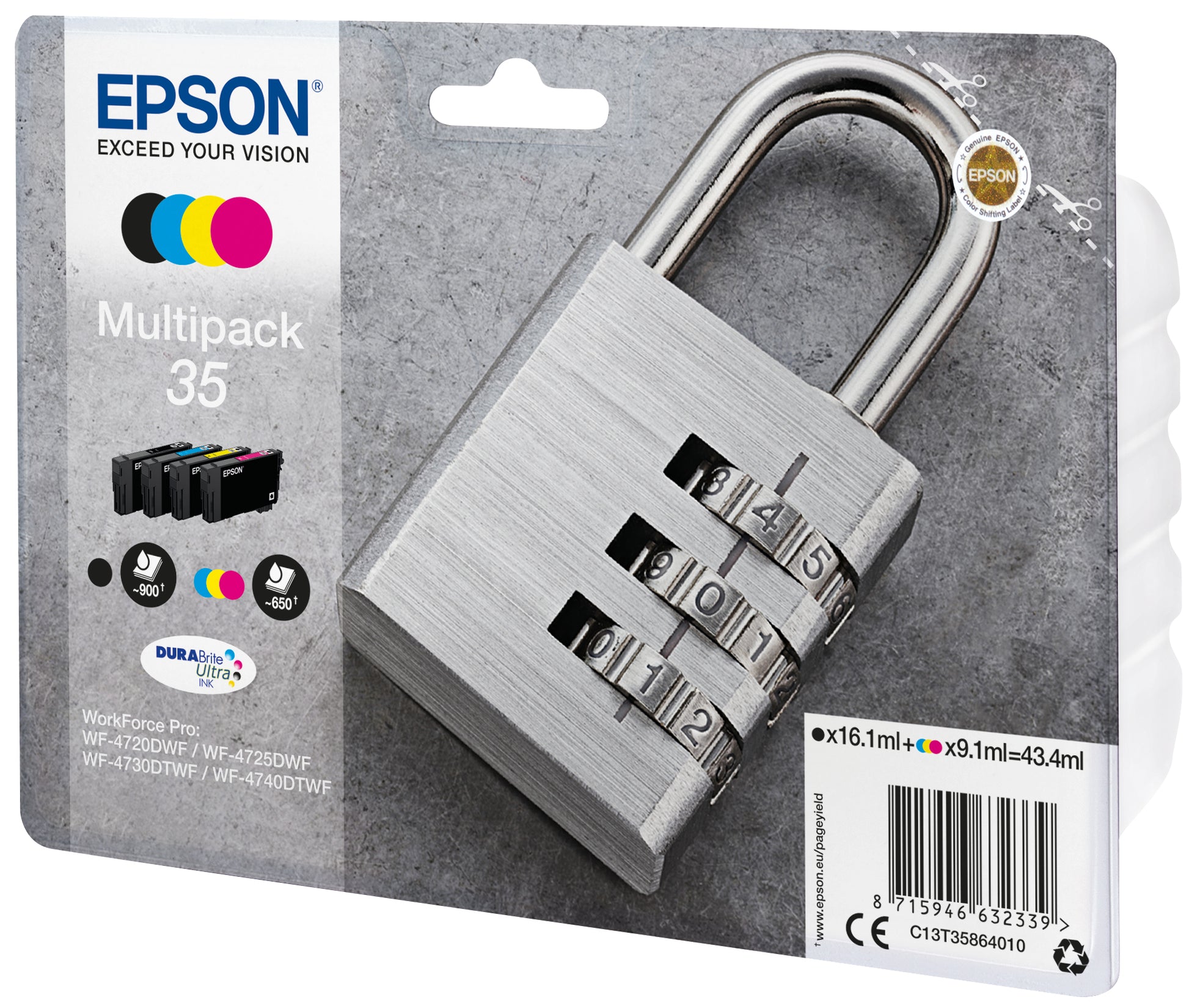 Epson 35 Tintenpatronen-Multipack, Schwarz/Cyan/Magenta/Gelb (Original) – für WorkForce Pro WF-4740/4730 …