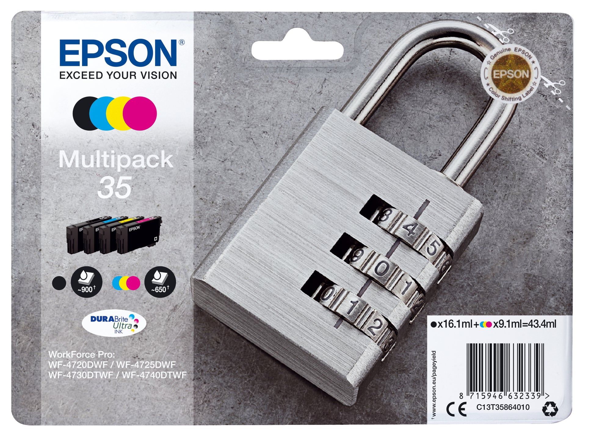 Epson 35 Tintenpatronen-Multipack, Schwarz/Cyan/Magenta/Gelb (Original) – für WorkForce Pro WF-4740/4730/4725…