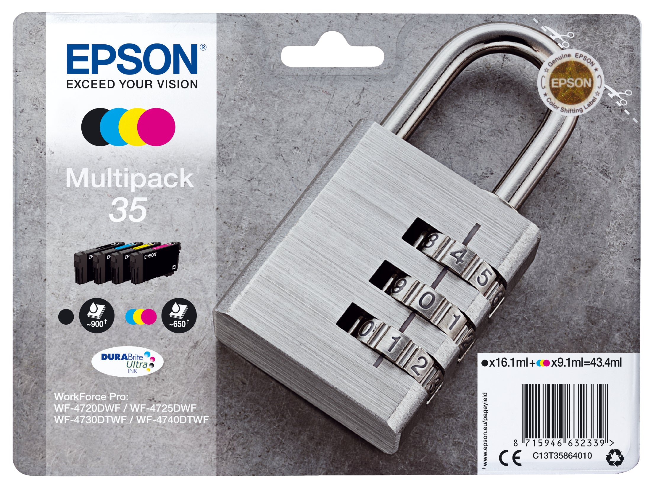 Epson 35 Tintenpatronen-Multipack, Schwarz/Cyan/Magenta/Gelb (Original) – für WorkForce Pro WF-4740/4730 …