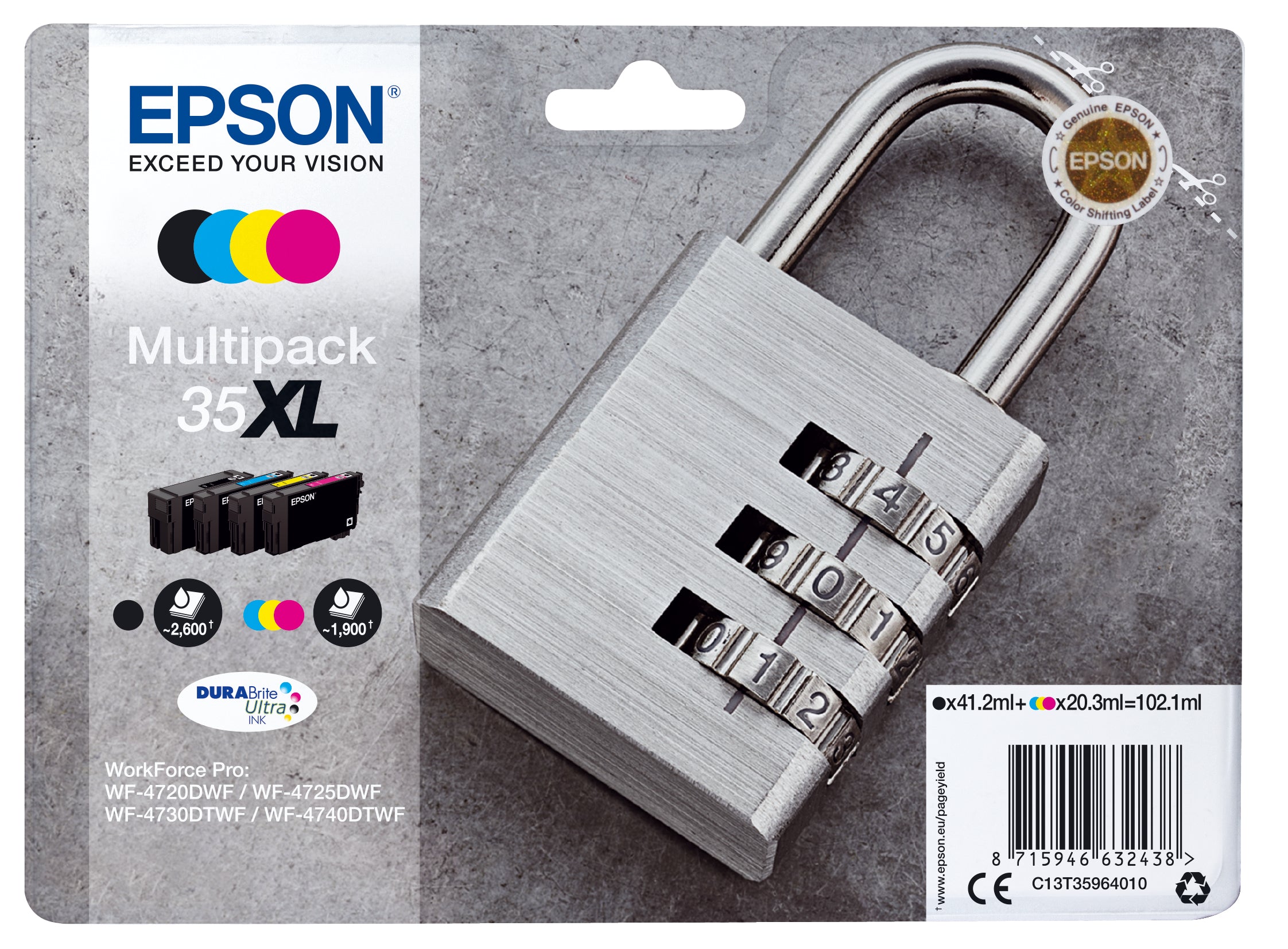 Epson 35XL Tintenpatronen-Multipack, Schwarz/Cyan/Magenta/Gelb (Original) – für WorkForce Pro WF-4740/4730/472