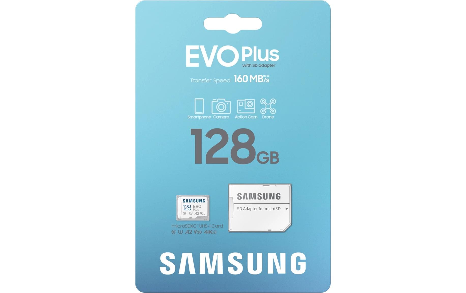 Samsung EVO Plus microSDXC 128 GB – UHS-I, U3, V30, A2, 160/130 MB/s, inkl. SD-Adapter